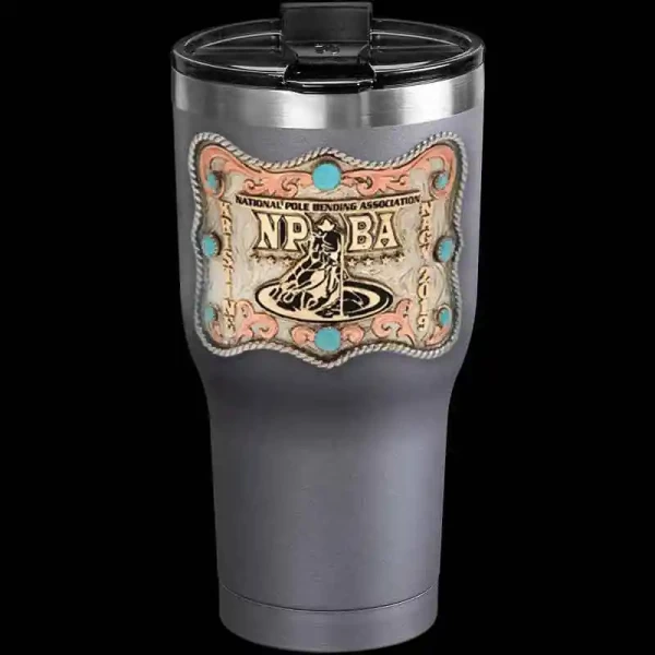 A custom tumbler made of stainless steel with a personalized engraved name and NPBA logo decoration with turquoise stones, 30 oz, ideal for coffee or cool drinks